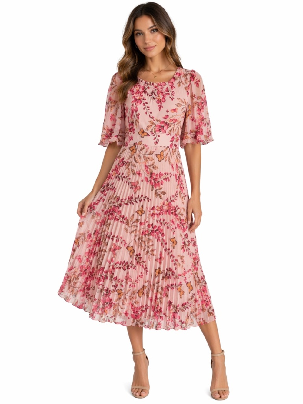 Kensie size medium Pink Floral Midi Dress with Flutter Sleeves